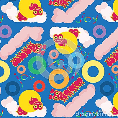 Seamless vector pattern with a set of cartoon worms on a background of blue sky and clouds. Vector Illustration